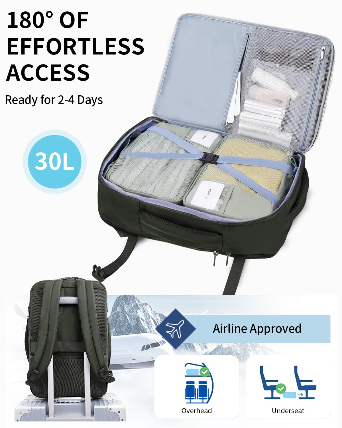 ECOHUB Carry On Travel Backpack, Expandable Airlines Personal Item Bag 18x14x8, Water Resistant 17 inch Laptop Backpack Flight Approved, 12 Pockets 30L Work Backpacks with Wet Pocket & Cable Slot