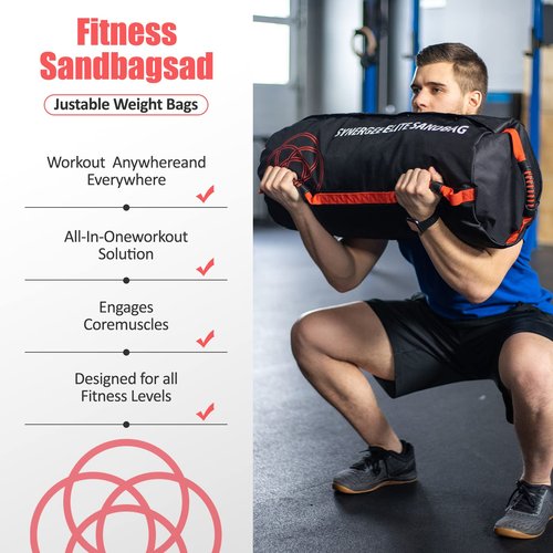 Synergee Elite Adjustable Fitness Sandbag with (4) Filler Bags 25-100lbs Heavy Duty Weight Bag - Red