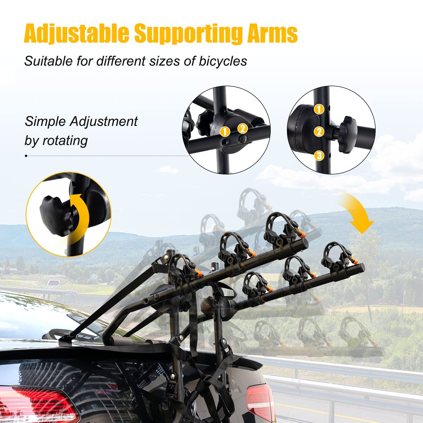 GYMAX Bike Rack, Trunk Mounted 3 Hitch Rack with 2”Receiver & Double Safety Guarantee, Folding Heavy Duty Adjustable Bicycle for Cars, Trucks, SUV's and Minivans Black