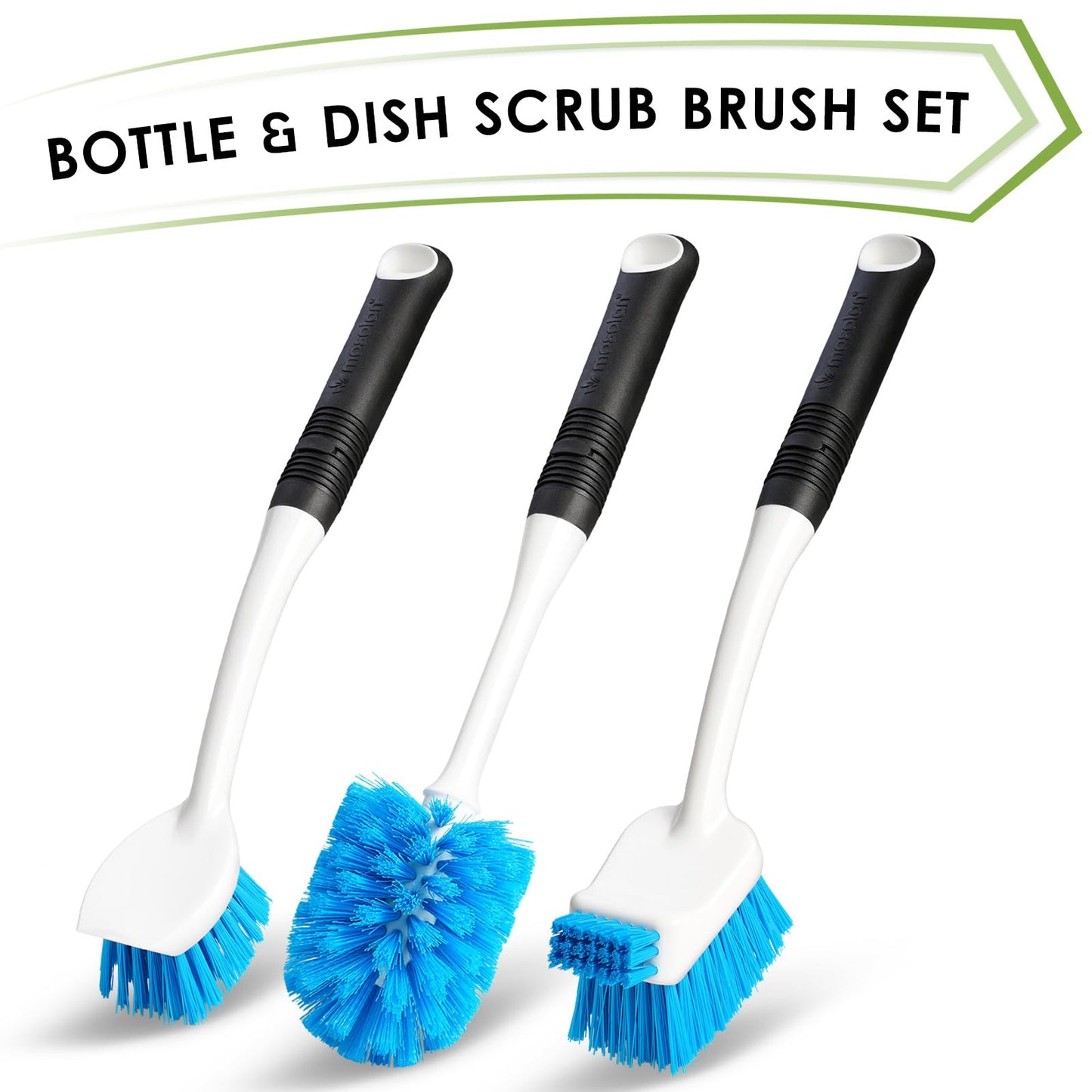 MOSOLAN Dish Brush Set of 3 with Water Bottle Brush, Dish Scrub Brush and Scrubber Brush, Long Handle Kitchen Scrub Brushes for Dishes, Bottles, Cups, Pots, Pans and Sinks, Round Head