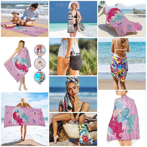 stampringt Extra Large Cute Pink Stripe Mermaid Beach Towels for Adult Girls, Big Oversized Thick Microfiber Terry Cloth Sandproof Quick Dry 30 x 60