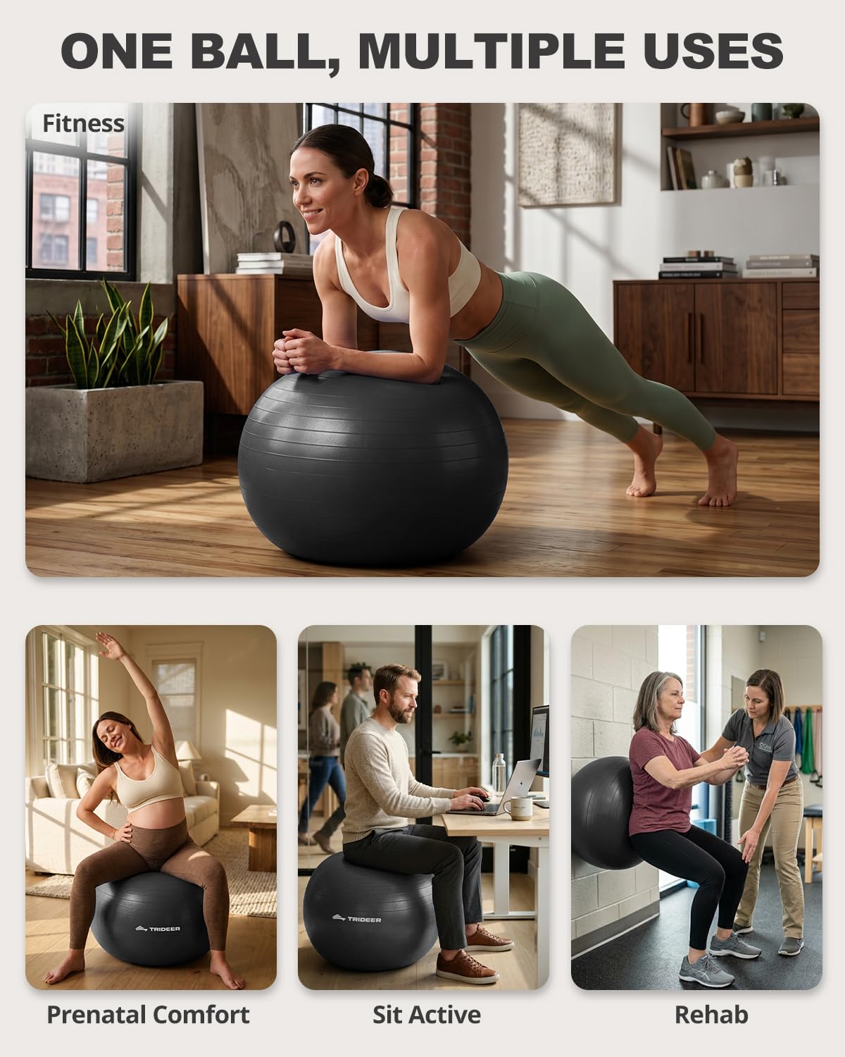 Trideer Extra Thick Yoga Ball Exercise Ball, 5 Sizes Ball Chair, Heavy Duty Swiss Ball for Balance, Stability, Pregnancy and Physical Therapy, Quick Pump Included (Black, M(19-22ines/48-55cm))