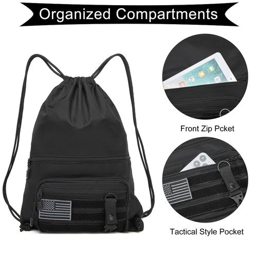 seyfocnia Drawstring Backpack Tactical String Bag with Zipper Pockets Waterproof Cinch Bag Sport Gym Sackpack - Black