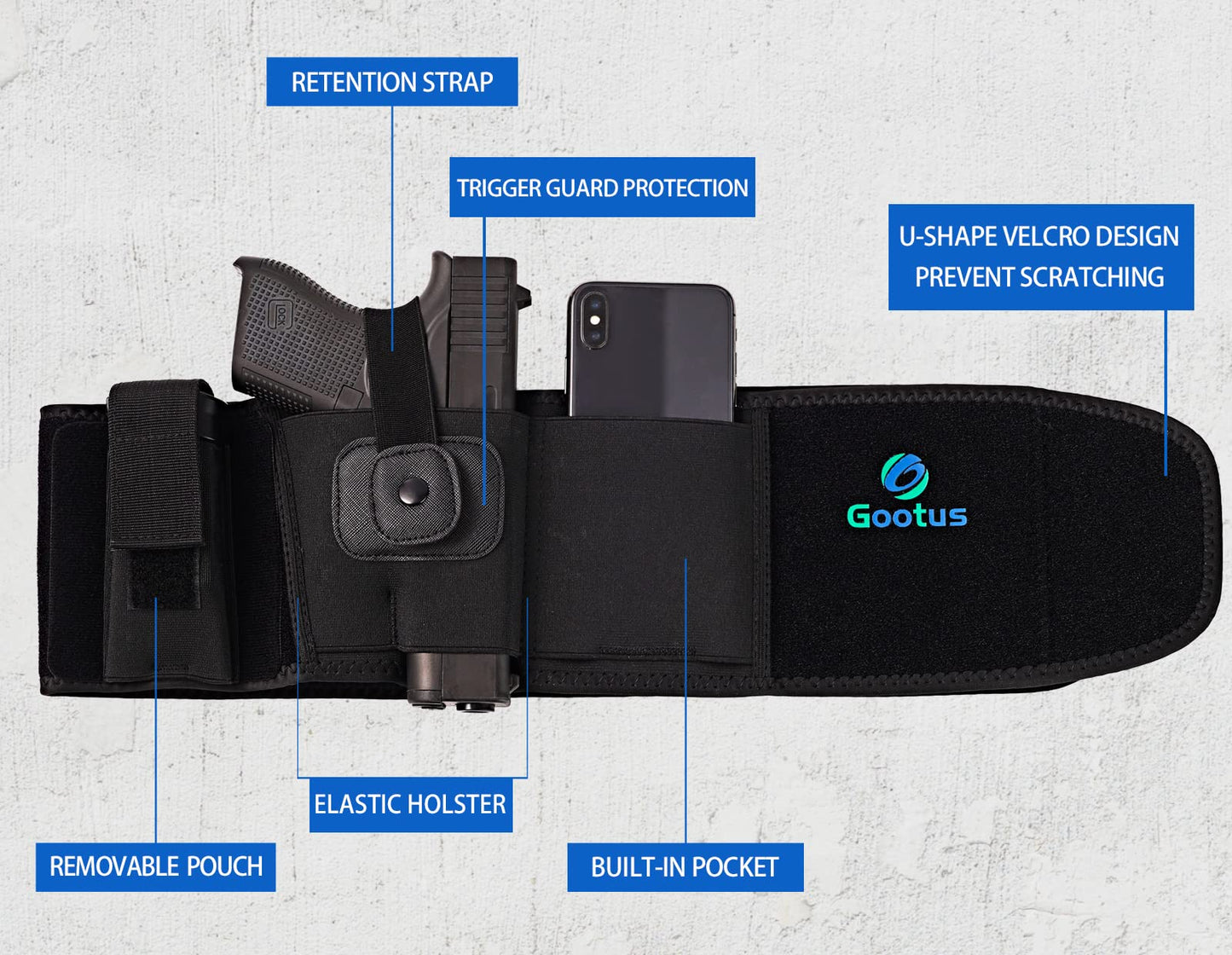 Gootus Belly Band Holster for Concealed Carry - Gun Holsters for Women and Men - Fits Glock, Ruger LCP, Taurus G2C, S&W M&P 40 Shield Bodyguard, Sig Sauer, etc