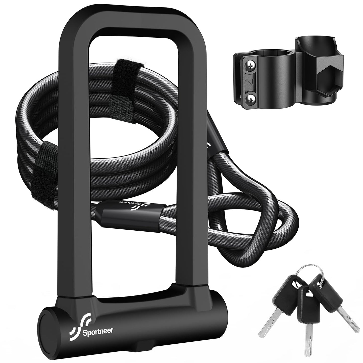 Sportneer Bicycle Lock: 18mm Heavy Duty Anti Theft Bike U Lock with 5ft Security Steel Cable - Shackle Bike Locks with 3 Keys & Mounting Bracket for Road Mountain Electric Bike, Size 8.58'' x 4.85''