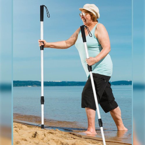 Relaxgiant 2 Pcs Full Size Beach Scoop Shovel Adjustable from 35" to 64" Sand Sifter for The Beach Sand Shovel Include 4. 5" and 6. 1" Basket Reliable Sifter Tool for Beachcombing Walking Hiking