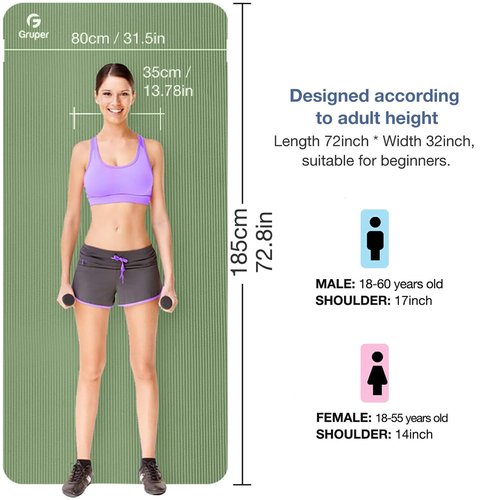 Gruper Thick Yoga Mat Non Slip, Large Size 72" L x 32" W x 0.6" TH, Premium Exercise & Fitness Mat with Carrying Strap and Bag, Workout Mats for Home (Matcha, 0.6 * 32 * 72 Inches)