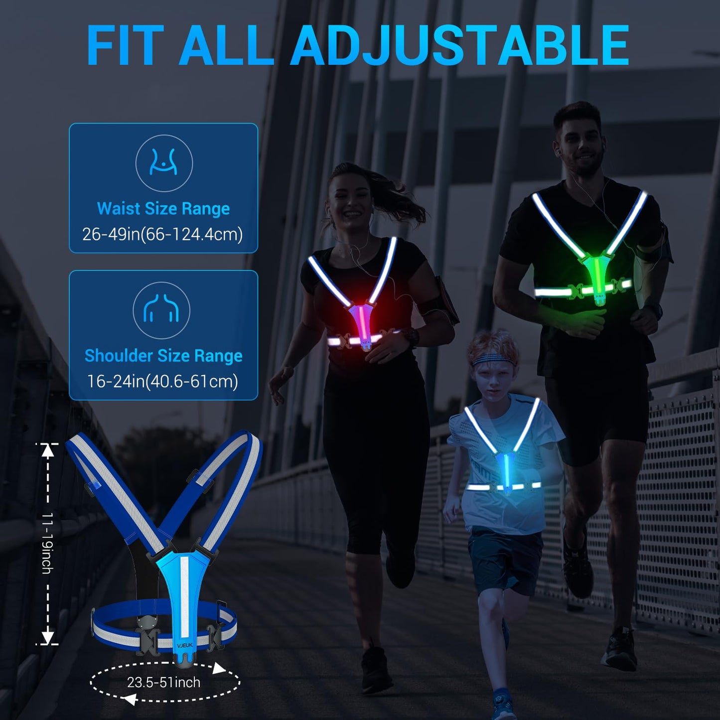 VJEUK Led Reflective Vest Running Gear，7 Lights Colors Light Up Running Vest, Rechargeable High-Visibility Adjustable Vest for Running, Cycling, and Night Activities（Blue）