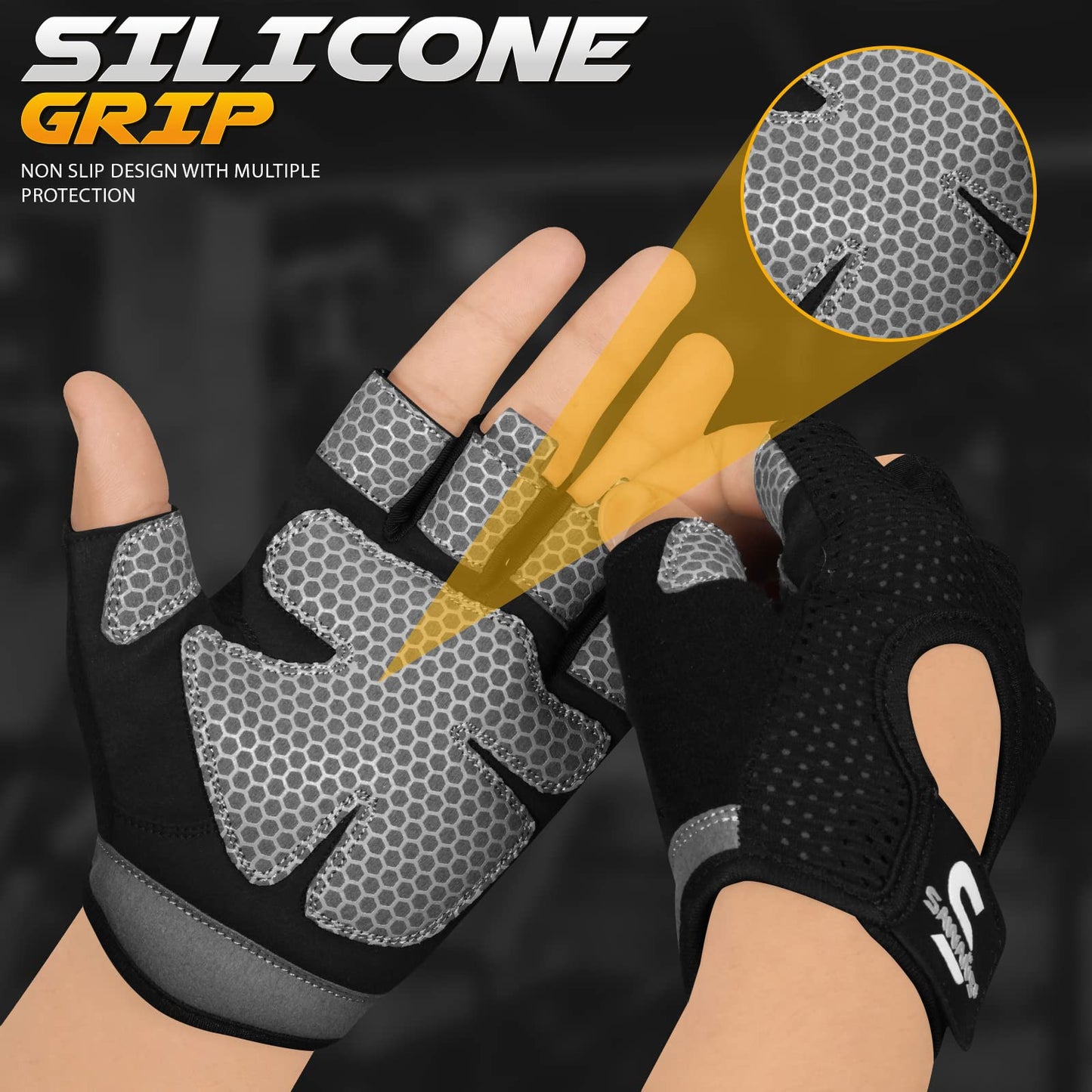 SAWANS Workout Gloves for Men and Women Weight Lifting Gloves Gym Fitness Exercise Cycling Pull ups Microfiber Lightweight Breathable Non-Slip Silicone Padded Palm Grip (Black, Medium)