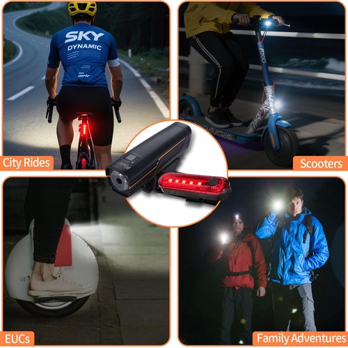 KunHe 2 Pack 227Lumens 1600mAh Bike Light Set Rechargeable Front & Rear Bicycle Lights with IPX4 Waterproof 4 Modes for Night Cycling