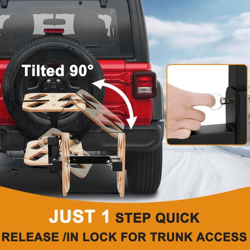 Lightweight Folding Hitch Ski Rack with Wooden Surface, Holds 4 Pairs of Skis, Compact Design with Easy Tilt Access, Fits 2" Hitch Receiver, Durable and Stylish Ski Accessories for Car