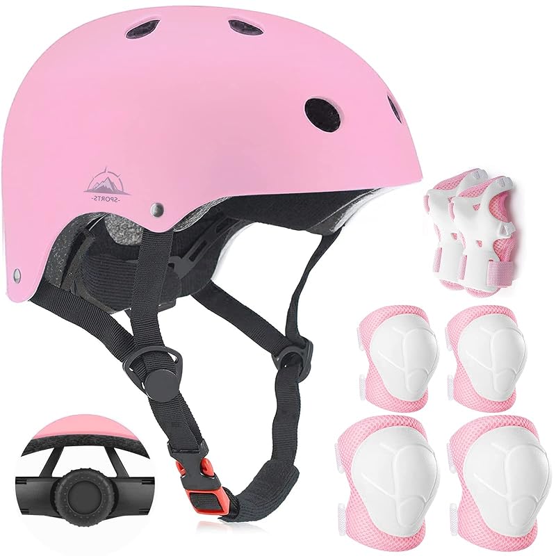 Pink 8-14 Years 7-in-1 Kids Helmet with Knee, Elbow & Wrist Protection - Adjustable Toddler Bike Gear Set