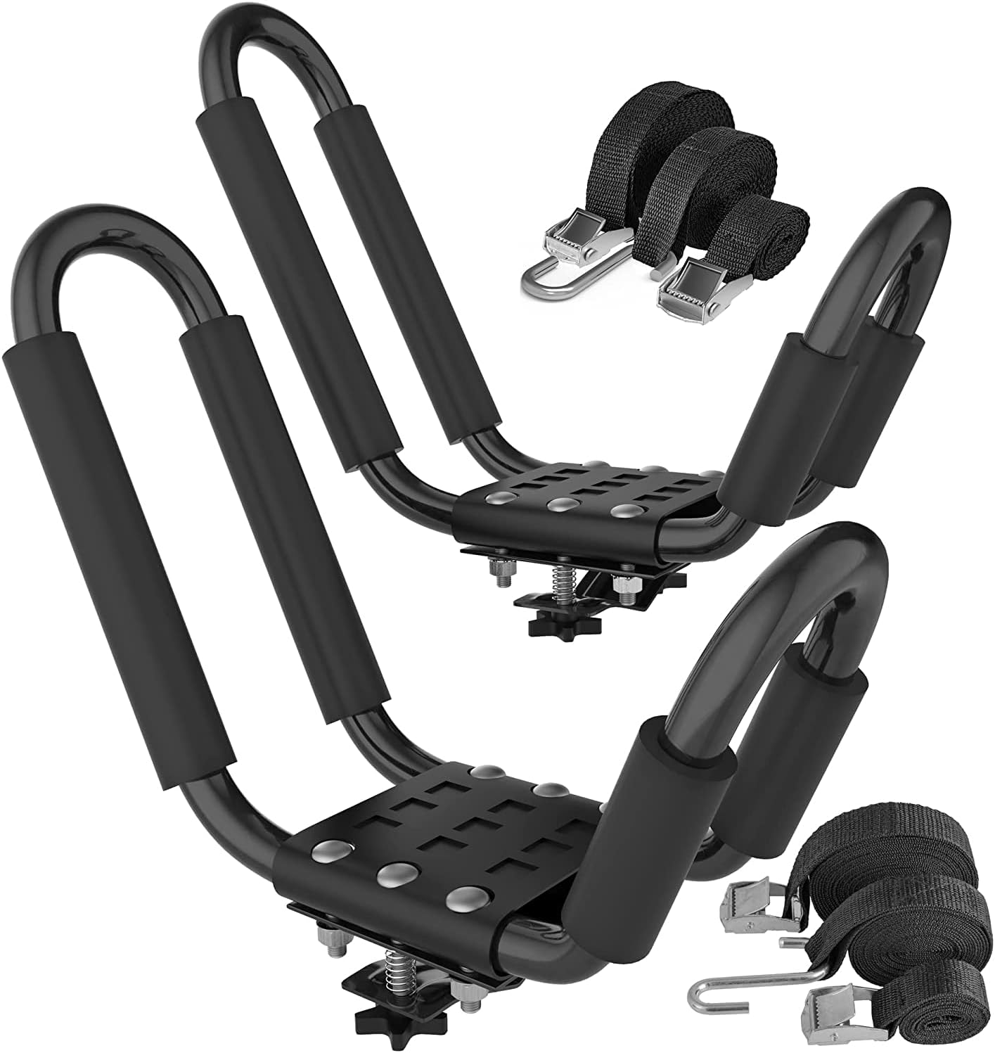 Kayak Roof Racks - J-Bar Hooks Canoe, Surf-Board & Kayaks Carrier - Universal Fit for SUP Roof-top Rack Mount on SUV, Cars, Truck, with Tie Down Straps & Accessories