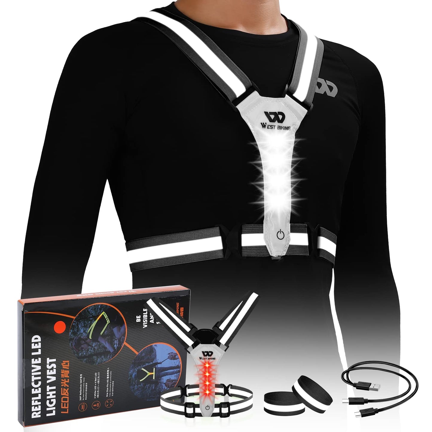 West Biking Running Reflective Vest, Light Up Vest for Night Walking, Night-Workers,Rechargeable Night Gear for Runners