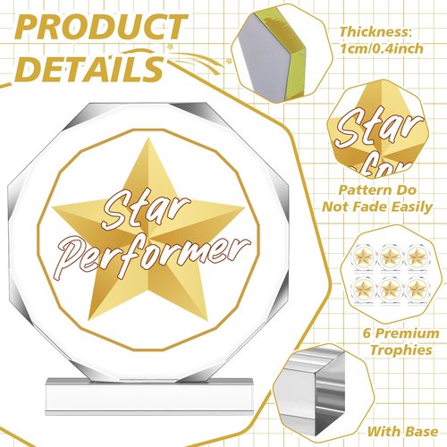 CroBlissful 6 Pcs Trophy Award 4.72 x 4.72 Inches Acrylic Trophy Plaques Awards for Kids Adult Team Participation Gift Prizes (Star Performer)