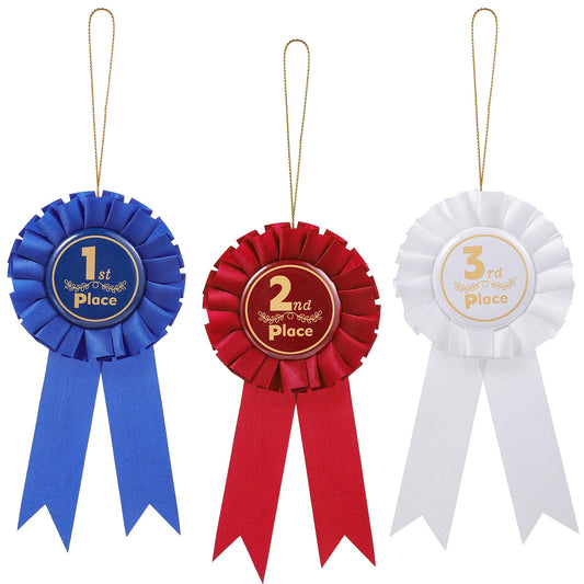 3 Pcs Award Ribbons Rosette, 1st 2nd 3rd Place First Place Ribbon Recognition Rosette, Blue Red White Prize Badge Participation Ribbon for Medals Competition Science Fair Sports Events Talent Shows