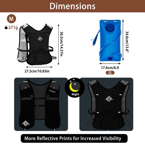 Running Hydration Vest for Women Men 2 PCS - Waterproof Running Water Backpack Hydration Pack with Water Bladder, Lightweight Water Vest for Hiking Trail Cycling Marathon Race, Black