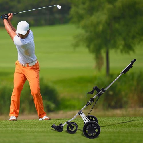 OLKKEFT Multi-Functional Golf Push Cart, 3 Wheel Push Pull Golf Cart, Portable Foldable Golf Trolley with Foot Brake and Strap Type for Golf Courses, Gyms, Schools