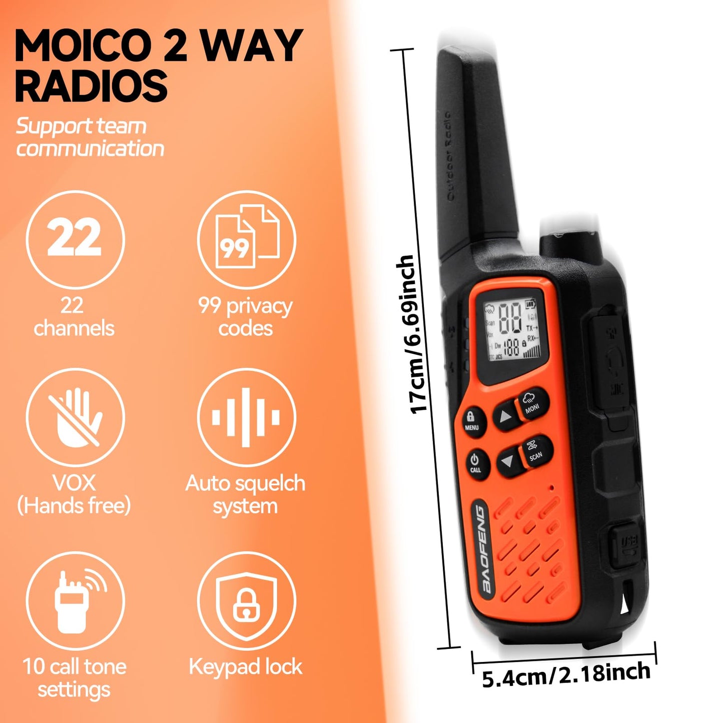 BAOFENG MP25 Walkie Talkies,Family Walkie Talkie Camping Essentials NOAA Weather Scan 155 Privacy Codes 22 FRS Channels 2PC (Orange)