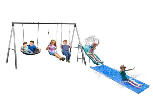 Lark Water Slide Swing Set with 6 Ft Water Tarp, Disc Swing, 2 Sling Swings, 3-Seat Merry Go Round with Adjustable Heavy Duty Ropes, 16-Gauge Weather Resistant Steel Frame (Benton)