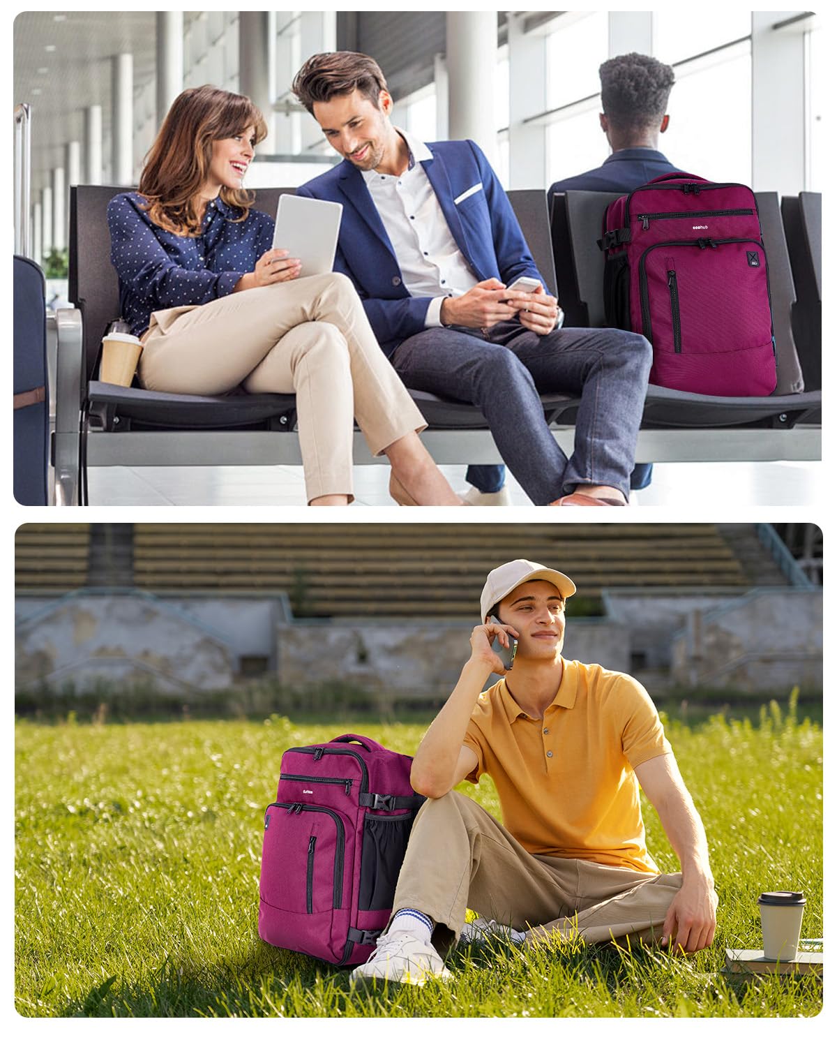 ECOHUB 17" Small Travel Backpack, United Airlines Personal Item Bag 17x10x9 with 16 Pockets, Water Resistant Rucksacks Fit 15.6" Laptop, AirTag Pocket, Lightweight Casual Daypack, 25L, Red