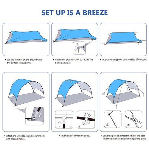 Beach Tent - Beach Shade Canopy Compact Fold (16.9x3.9″), Own Patent, 360° Ventilation, Large Side Storage Pocket, UV Protection Portable Sun Shelter for Beach (Blue, 90.5 * 59 * 53″)