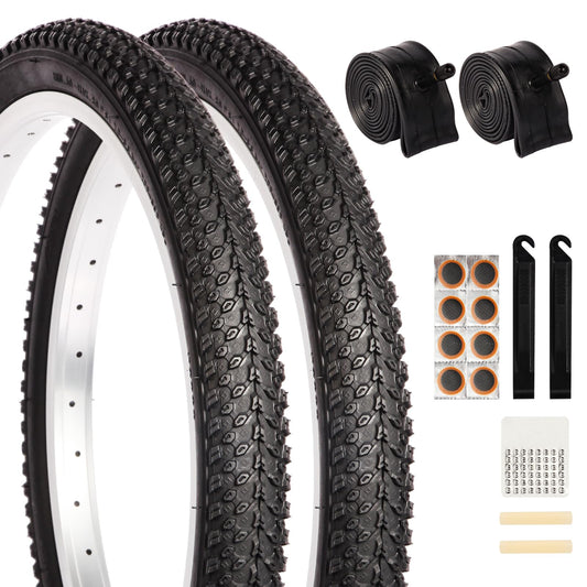 2 Pack 20" x 1.95" Mountain Bike Tire Set, 20 inch Folding Replacement Puncture-Resistant Bicycle Tires with 20 x 1.75-2.125 inch Bike Inner Tubes and Repair Tool Kit for Mountain Bike, Off-Road Bike