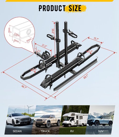E Bike Rack for Tow Hitch 200lbs Load Capacity,Heavy Duty EBike Rack with Ramp for 2 Bikes, Car E-Bike Rack for Light Electric Mopeds,Fits SUV, Truck, RV, Van– E-Bikes, Fat Tire Bicycles