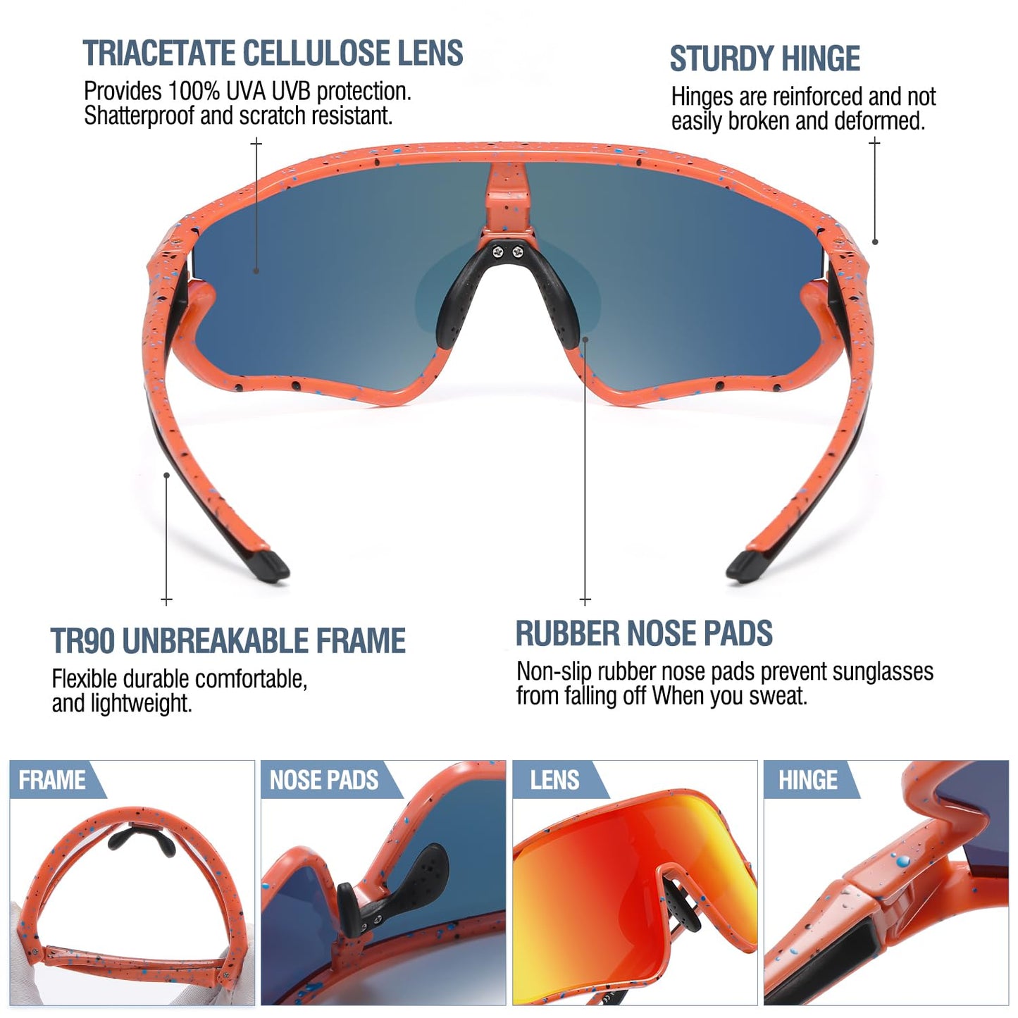 DUCO Kids Sunglasses Youth Baseball Sun Glasses Lightweight TR90 Frame UV400 Sports Cycling Shades for Boys Girls DK268 (Orange Frame Black Temple Revo Orange Lens)