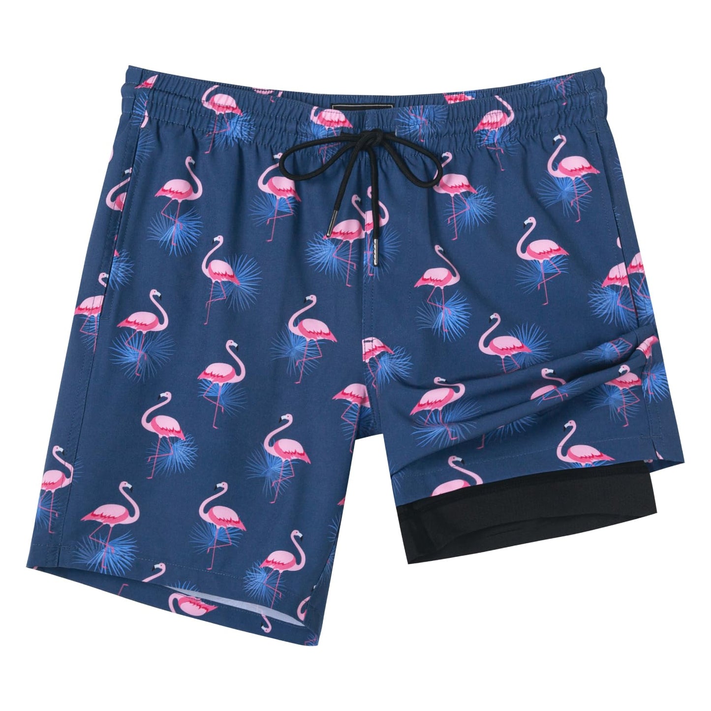 SURF CUZ Mens Swim Trunks with Compression Liner Quick Dry Swim Shorts 7" Swimming Trunks Stretch Zipper Pockets,Sunny Flamingos,S