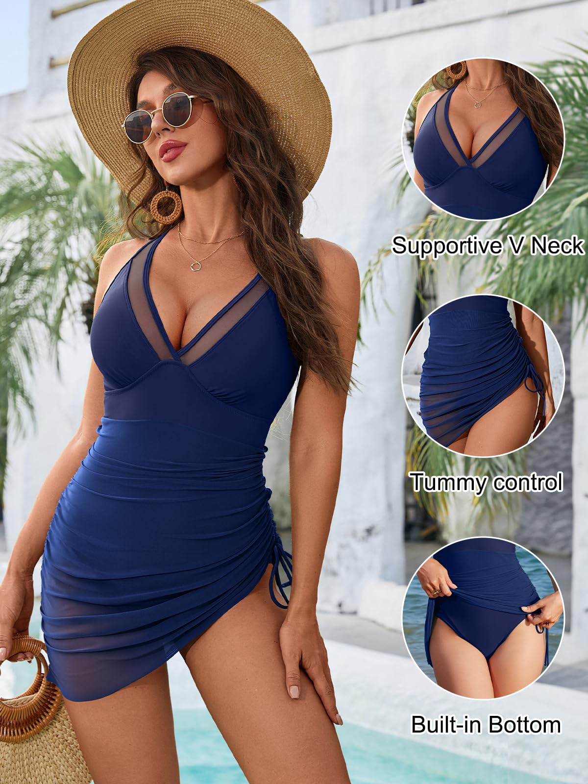 Blooming Jelly Women One Piece Swim Dress Tummy Control Swimsuits Modest Mesh Sheer V Neck Swimdress (M, Navy Blue)