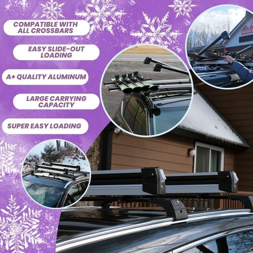 Erkul Ski Rack for Car Roof with Sliding Extension - 25" Universal Ski & Snowboard Rack with Lock | Holds 4 Pairs of Skis or 2 Snowboards - Fits All Types of Cross Bars