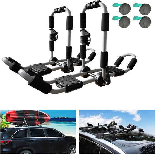 Kayak Roof Rack 4-in-1 Folding Adjustable Bilateral J-Shaped Roof Rack for Kayak/Surf/Ski Roof Carrier Rack with 4 PCS Tie Down Straps On Rooftop Mount on Car SUV Truck Crossbar