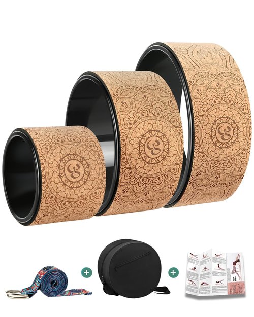Daspom Yoga Wheel Cork, Stretching Back Roller for Improving Mobility, Non-Slip Yoga Circle Wheel for Backbends Pain Relief Massages Muscle Pilates Relaxation Balance with Resistance Bands and Bag
