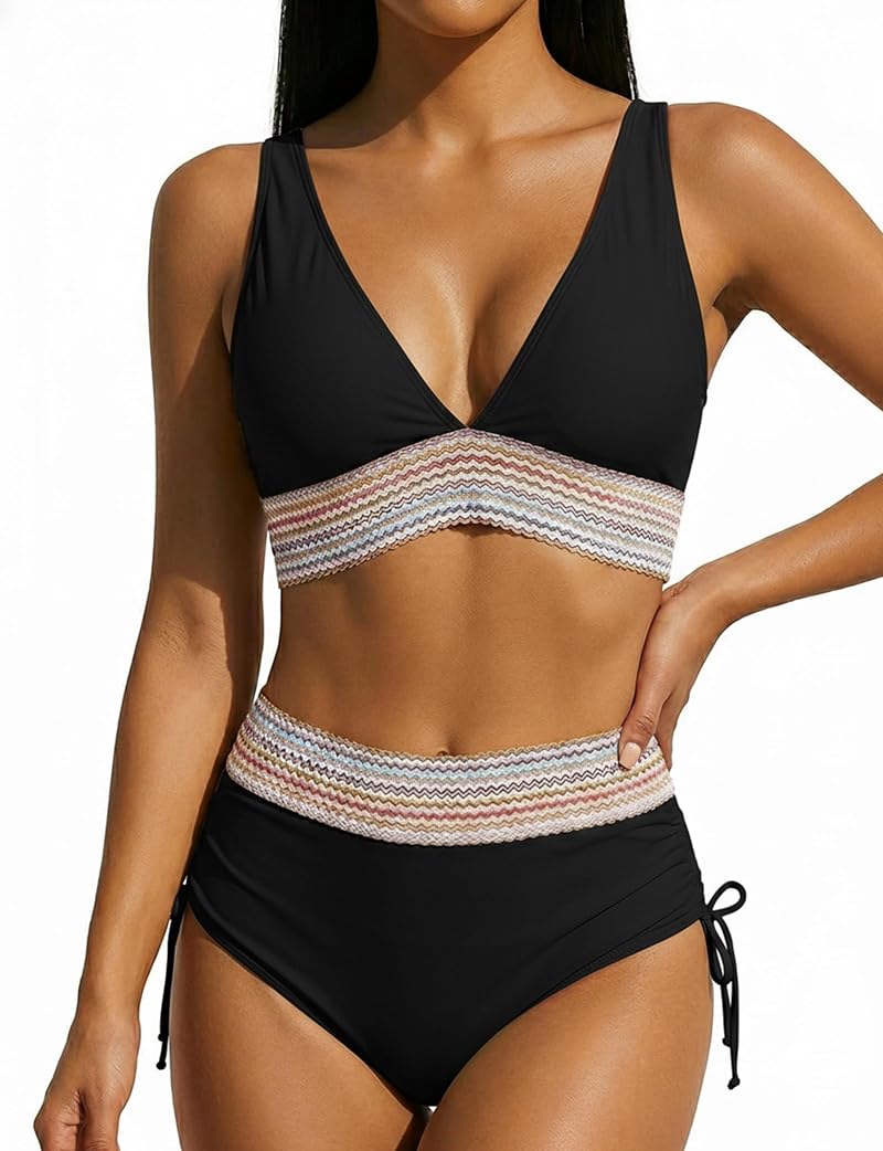 High Waisted Color Block Bikini Set for Women with Tummy Control - V-Neck Two-Piece Swimsuit, Black, Medium