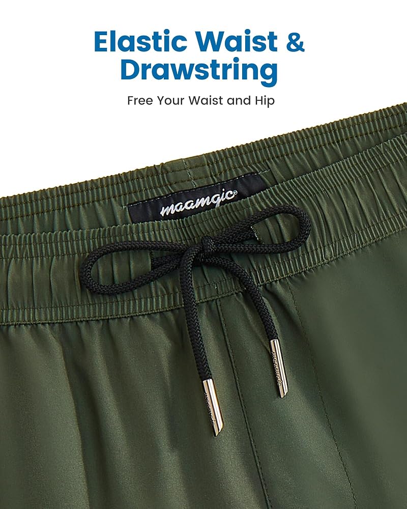 Maamgic Army Green Swim Trunks with Compression Liner – 4" Quick-Dry, 2 Side Pockets