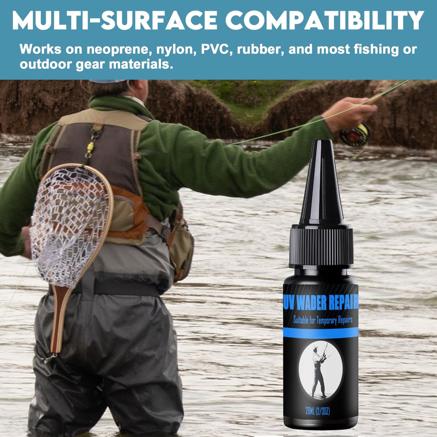 Eupheng UV Wader Repair Glue Instant Sunlight-Curing Sealant for Fishing Waders Waterproof and Flexible, Ideal for On-The-Go Field Repairs Works on Neoprene, Nylon, Rubber