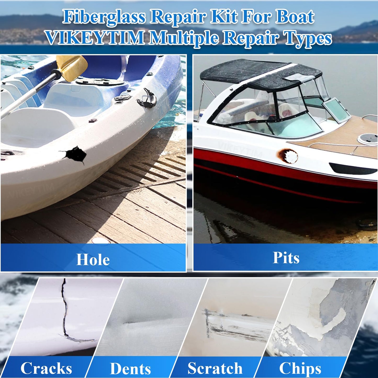 VIKEYTIM Marine Fiberglass Repair Kit (Color Match), 3.5oz/100g Gel Coat Repair Kit for Boats, Fiberglass Repair Fix Holes, Chips, Deep Cracks, Ceramic, Porcelain Fiberglass Filler