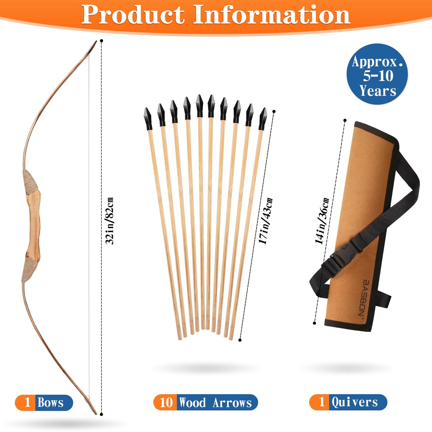 Kids Bow and Arrow Set, 32 Inch Archery Set Handmade Wooden Toy Bow and Arrow for Kids 6-8 8-12, 1 Bows 1 Quivers 10 Arrows 3 Targets & Storage Bag, Gifts for Youth Boys and Girls