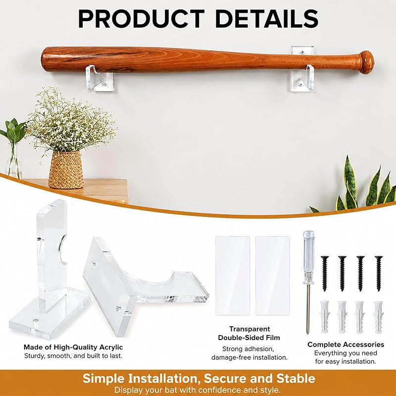 Acrylic Black Baseball Bat Display Box Wall Mount - Includes 2 Units, Easy Install