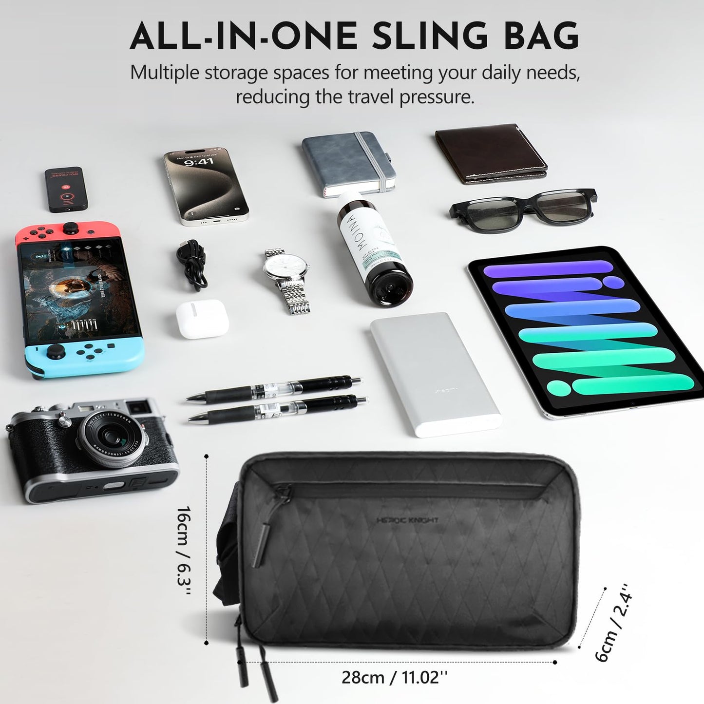 HEROIC KNIGHT Small Crossbody Bag, 2.5L Lightweight Sling Bag Chest Shoulder Pack with Removable Strap for Men Women, Waterproof Casual Fanny Pack Backpack for Travel/Daily Use/Hiking/Cycling,Black