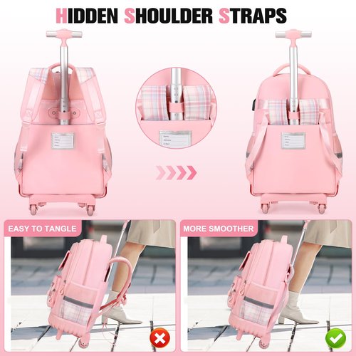 ACESAK Rolling Backpack for Girls - Roller Wheels School bag with Lunch Bag & Pencil Pouch for Teen Girls Kids Wheeled Suitcase Backpacks, Elementary Middle School Travel Daypack (Pink)