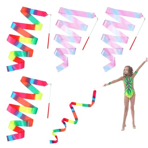 Bremorou 4Pcs Ribbon Dancer Wand For Kids,78.74 Inch Rhythmic Gymnastics Ribbons Dancer Wand With Rod, Soft Rainbow Ribbons Twirling Dance Streamers, Baton Stick Twirling for Kids Girls Adults
