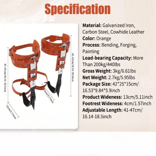 Tree Climbing Spikes, Professional Tree Climbing Gear, Arborist Climbing Spikes 16.14-18.5 Inches Adjustable, Heavy-Duty Galvanized Iron & Carbon Steel, for Tree Trimming, Fruit Picking, Branch Repair