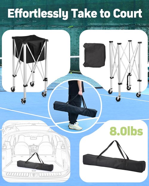 YooKoo Tennis Ball Hopper for 150 Balls, Tennis Ball Basket for Serve Training, Foldable Tennis Ball Cart with Storage Bag, Portable Pickleball Baseball Hopper Basket