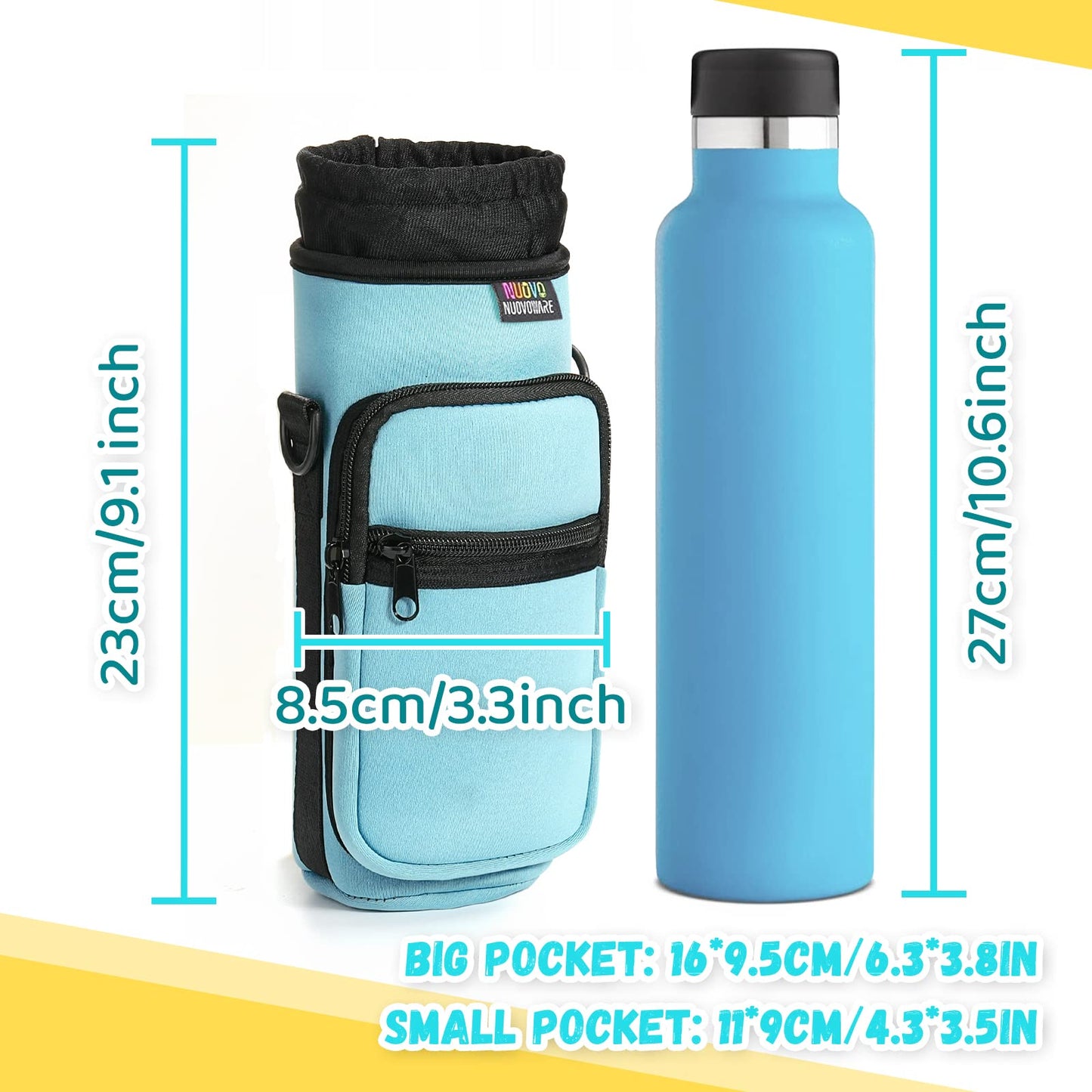 Nuovoware Water Bottle Carrier Bag, 25oz/32oz Pouch Holder, Adjustable Shoulder Hand Strap 2 Pocket Sling Neoprene Sleeve Sports Water Bottle Bag for Men Women Hiking Travelling, Dusty Blue