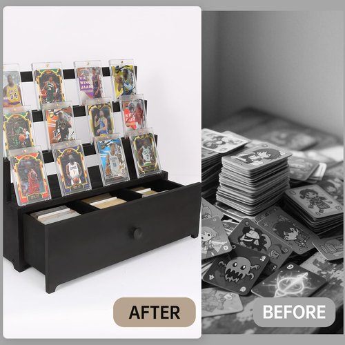 Trading Card Display,Wood Sports Card Display Case with Custom Drawer,Card Supporters and Dividers,3-Tier Graded Card Display for Card Game Collection