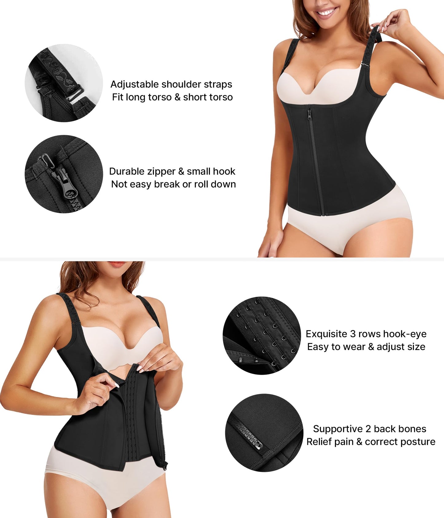 Nebility Women Waist Trainer Corset Zipper Vest Body Shaper Cincher Tank Top with Adjustable Straps (3XL, Black)