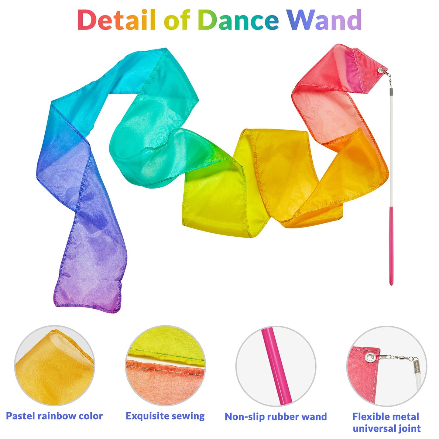 100% Silk Dance Ribbon Streamer Easter Gift Basket Stuffer for Little Toddler Girls 4 5 6 7 Year Old, Ballerina Princess Spring Toys Pastel Rainbow Play Silks Gymnastic Twirler Wand Birthday for Kids