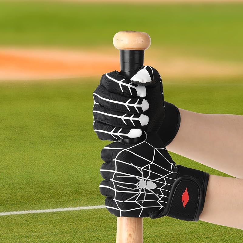 Youth Baseball & Softball Batting Gloves for Kids with Super Grip Fit - Spider Black/Youth M/L (6in-6.5in)